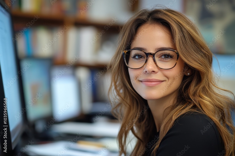 Portrait of a smiling business woman sitting at a desk in an office.