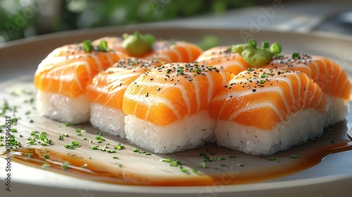 Delicious plate of sushi served with soy sauce and wasabi, representing traditional Japanese cuisine and culinary artistry