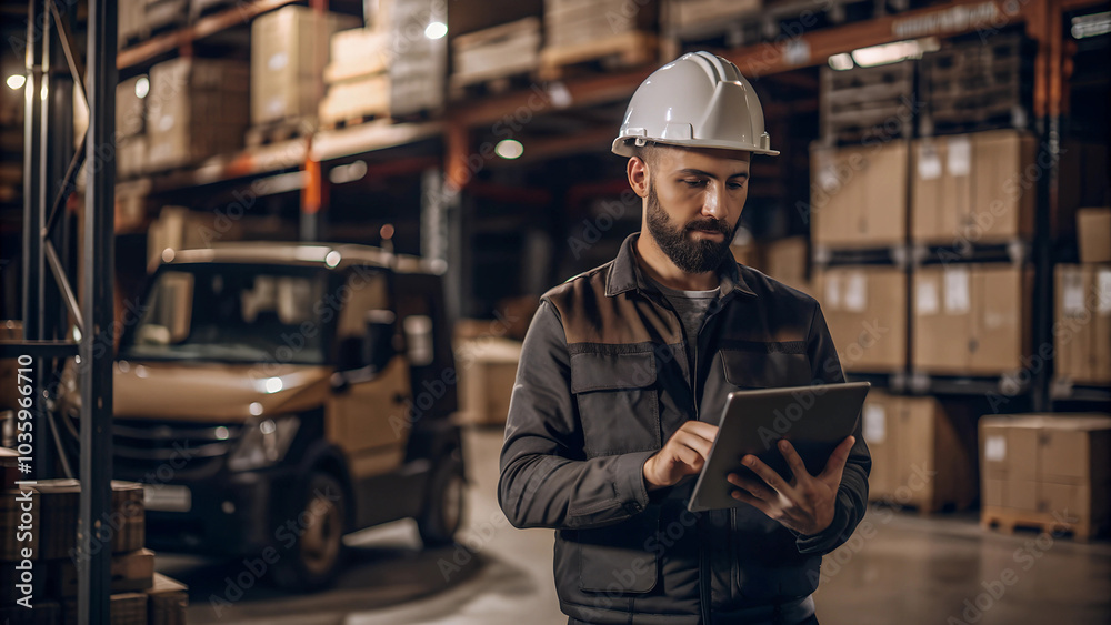 Construction worker, man and tablet by truck for logistics with vehicle inspection for shipping and cargo export. Transport industry, site manager or employee with app for maintenance and happy Construction worker, man and tablet by truck for logistics with vehicle inspection for shipping and cargo export. Transport industry, site manager or employee with app for maintenance and happy