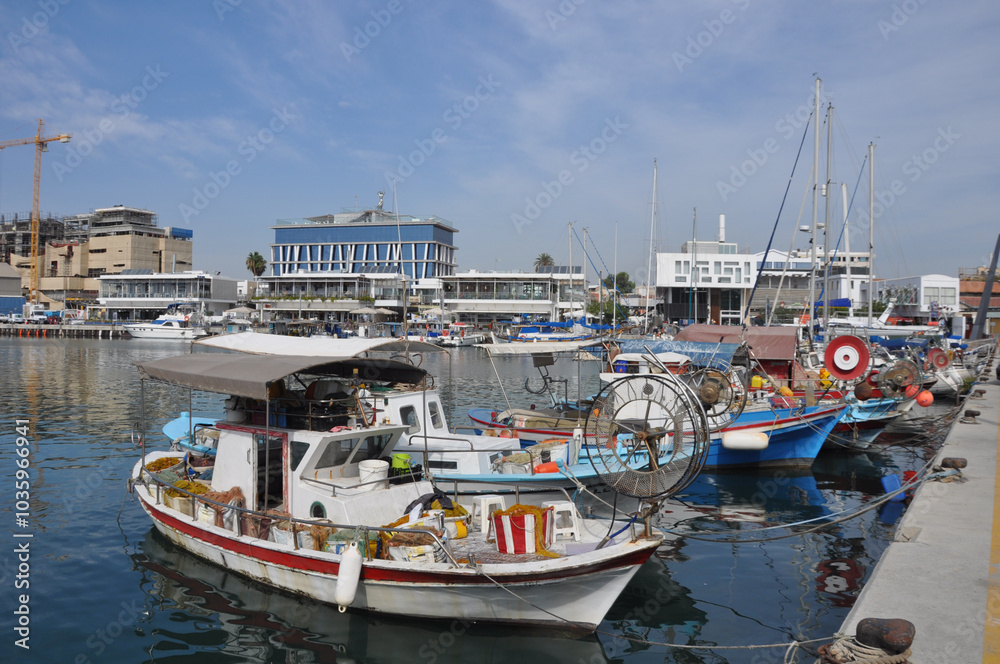 The Limassol Old Port with fishing boats and beautiful buildings in Cyprus