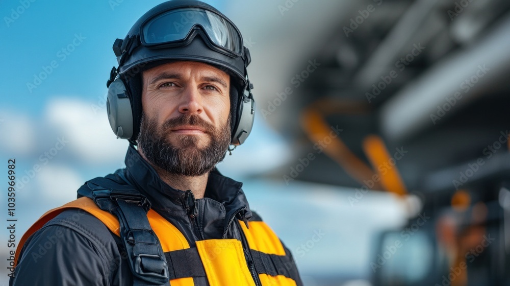 A safety officer wearing a helmet and protective gear stands at an airbase, smiling in the sunlight. The background features aircraft and clouds, highlighting a busy aviation environment