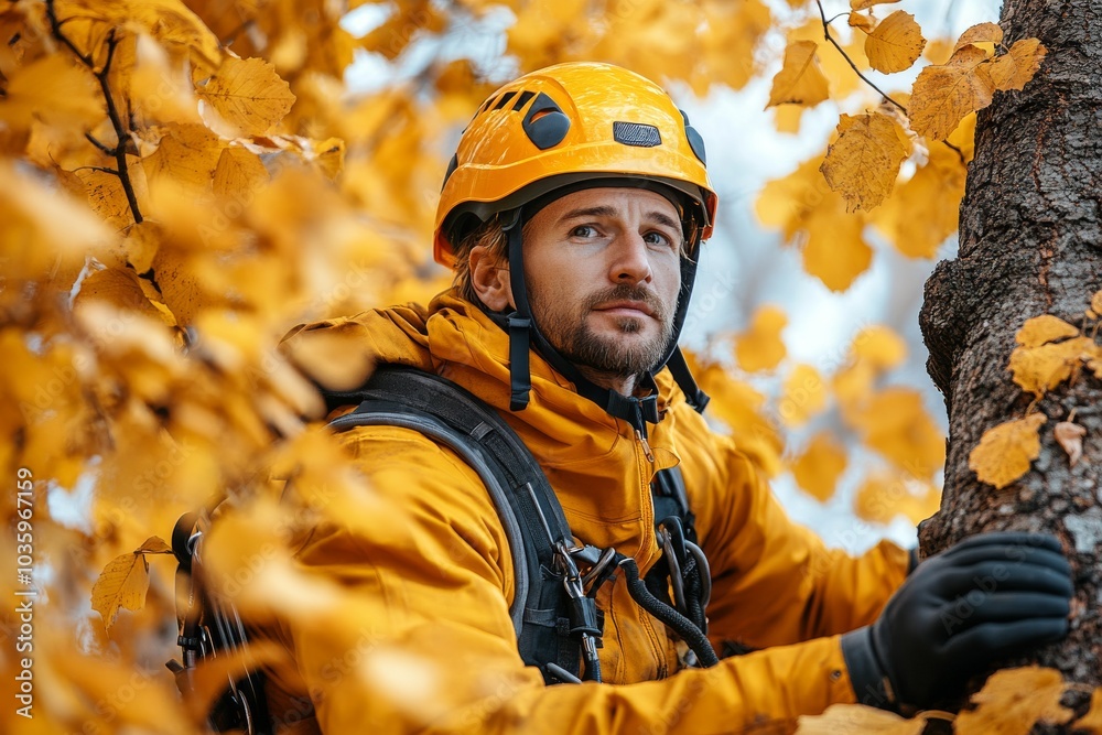 Professional arborist in safety gear climbs a tree at autumn. Professional arborist in safety gear climbs a tree at autumn.