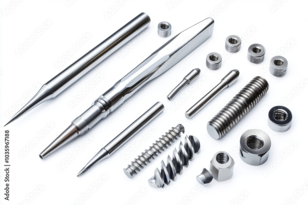 A collection of shiny metal tools and fasteners arranged neatly. These items are essential for various engineering tasks. Perfect for hardware and machinery projects. Generative AI A collection of shiny metal tools and fasteners arranged neatly. These items are essential for various engineering tasks. Perfect for hardware and machinery projects. Generative AI