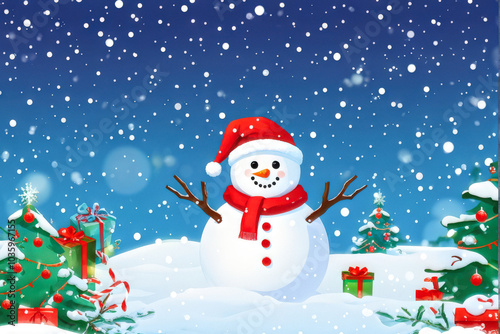 Cartoon snowman waving happily in a snowy landscape with holiday decor, trees, and gifts, creating a cheerful Christmas atmosphere. Generative AI