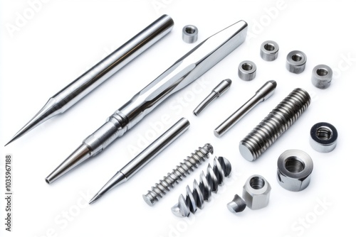 A collection of shiny metal tools and fasteners arranged neatly. These items are essential for various engineering tasks. Perfect for hardware and machinery projects. Generative AI