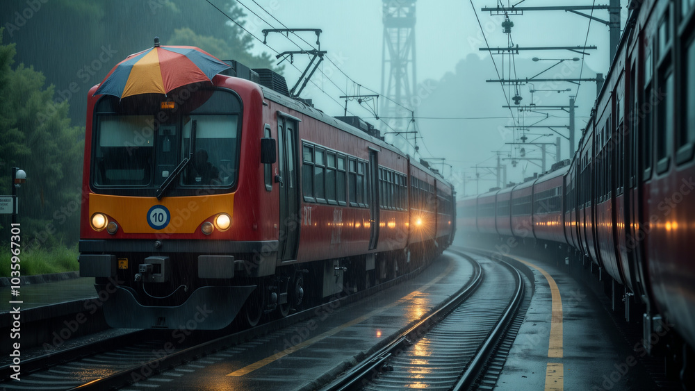 Dynamic Trains Travel Under a Colorful Umbrella During a Rainstorm, Showcasing Transportation in Weather Chaos Dynamic Trains Travel Under a Colorful Umbrella During a Rainstorm, Showcasing Transportation in Weather Chaos