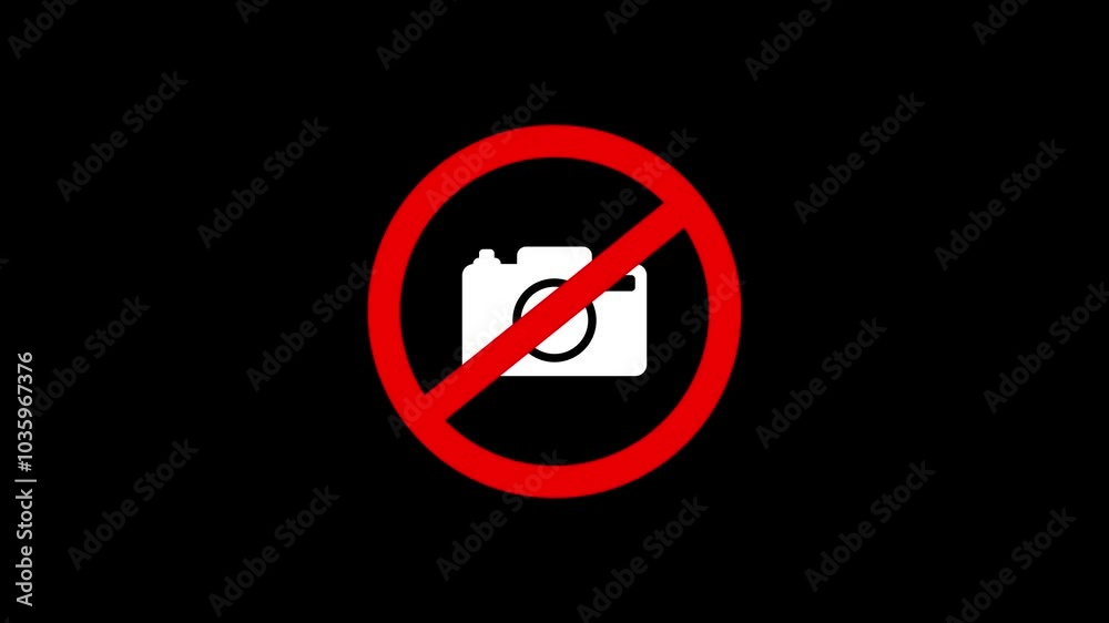 camera not allowed, Red Prohibited sign on Camera icon representing No Photography, Camera banned, no camera allowed sign on black background.
