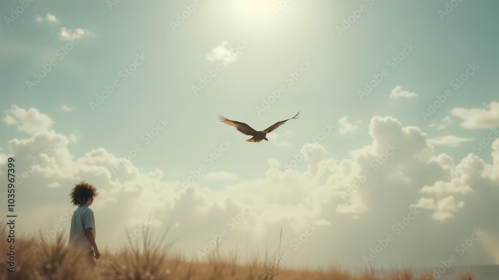 Fototapeta premium Child's Awe Inspired Watching Majestic Animal Soar Through the Sky Under Sunlit Clouds