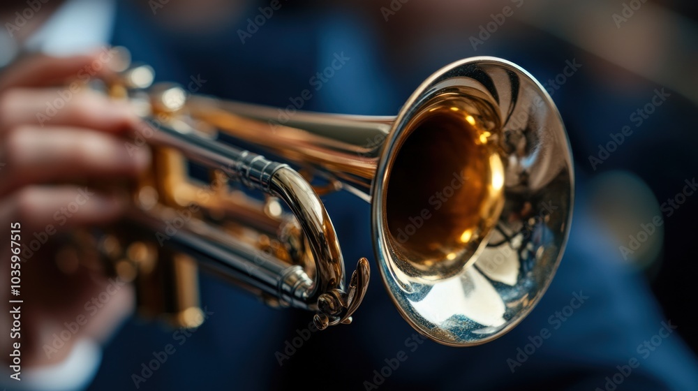 Obraz premium A musician plays a shiny brass trumpet, capturing the vibrant sounds of a live performance in a dynamic urban environment during sunset, evoking a lively atmosphere