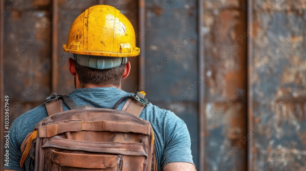 The construction worker wears a bright yellow hard hat and a sturdy backpack, observing his surroundings while preparing for tasks at the busy construction site The construction worker wears a bright yellow hard hat and a sturdy backpack, observing his surroundings while preparing for tasks at the busy construction site