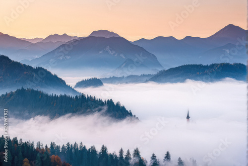 Layers of mountains shrouded in early morning fog, presenting a tranquil and ethereal landscape at sunrise. Generative AI