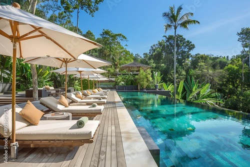 Swimming pool with sun loungers and umbrellas in tropical resort photo