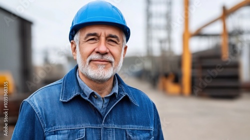 A seasoned worker with a grey beard smiles while wearing a blue hard hat and denim jacket at an industrial site. The atmosphere reflects a focus on safety in a bustling work environment