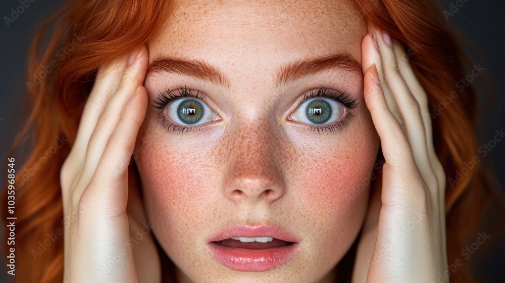 Fototapeta premium The young woman stares wide-eyed, her vibrant red hair framing her face. She holds her head with both hands, conveying a sense of surprise and curiosity in her expression