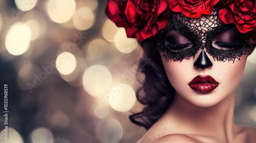 The image showcases a woman with elaborate makeup and a floral mask of red roses, highlighting her dark lipstick and elegant hairstyle, capturing a stunning artistic expression