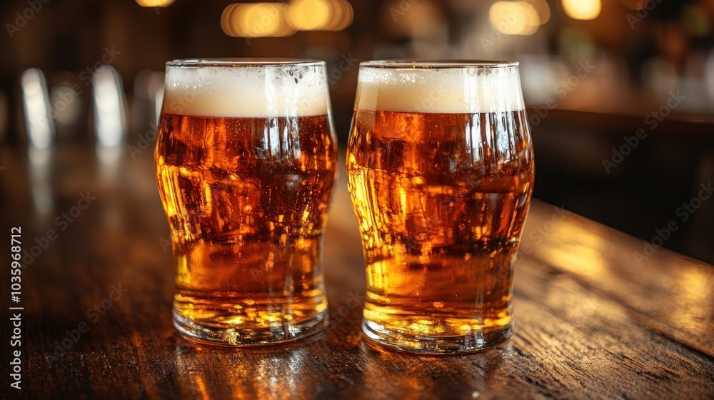 Two glasses filled with amber beer sit on a rustic wooden table, illuminated by soft ambient lighting in a cozy brewery during the evening hours, inviting patrons to enjoy a drink Two glasses filled with amber beer sit on a rustic wooden table, illuminated by soft ambient lighting in a cozy brewery during the evening hours, inviting patrons to enjoy a drink