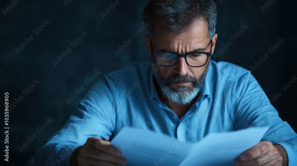 Obraz premium A middle-aged man with glasses examines a stack of papers intently, focusing on the text under soft evening light, deep in thought about the information he is reviewing