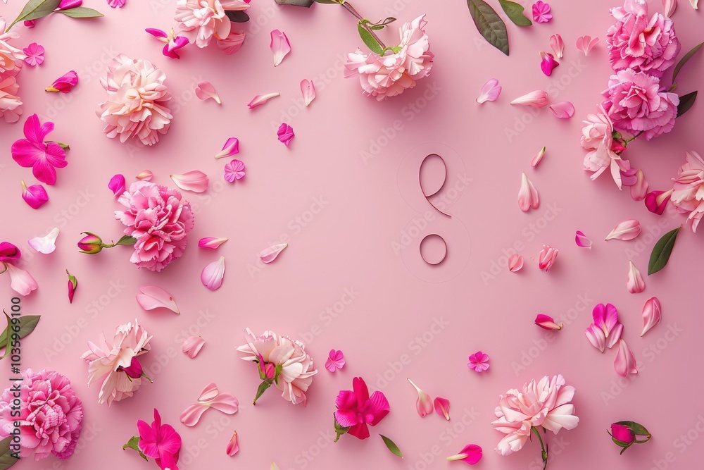Pink Flowers and Petals Scattered on a Pink Background
