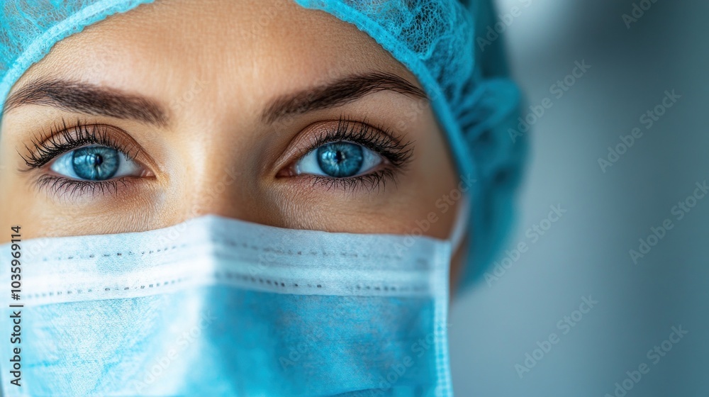 Close-up of a healthcare worker's face highlighting striking blue eyes, covered by a surgical mask and cap, displaying dedication in a medical setting Close-up of a healthcare worker's face highlighting striking blue eyes, covered by a surgical mask and cap, displaying dedication in a medical setting
