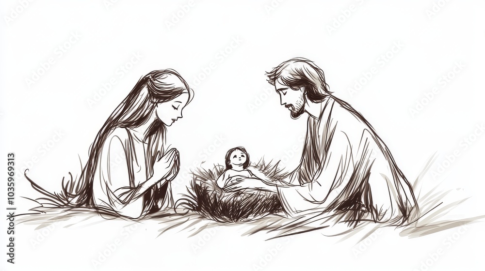 Fototapeta premium Sketch of Baby Jesus, Mary and Joseph in Bethlehem.