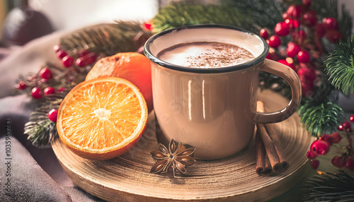 Breakfast with hot chocolate and oranges in winter elements