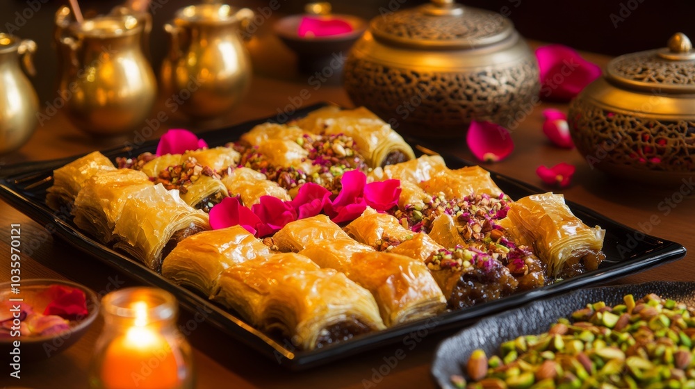 A delectable platter of Turkish baklava, layers of phyllo pastry filled with chopped nuts and honey syrup, Baklava platter centered A delectable platter of Turkish baklava, layers of phyllo pastry filled with chopped nuts and honey syrup, Baklava platter centered