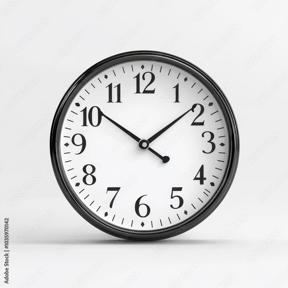Classic analog wall clock showing ten past two with black frame Classic analog wall clock showing ten past two with black frame