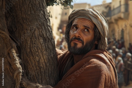 Zacchaeus on tree branch looking at Jesus. 