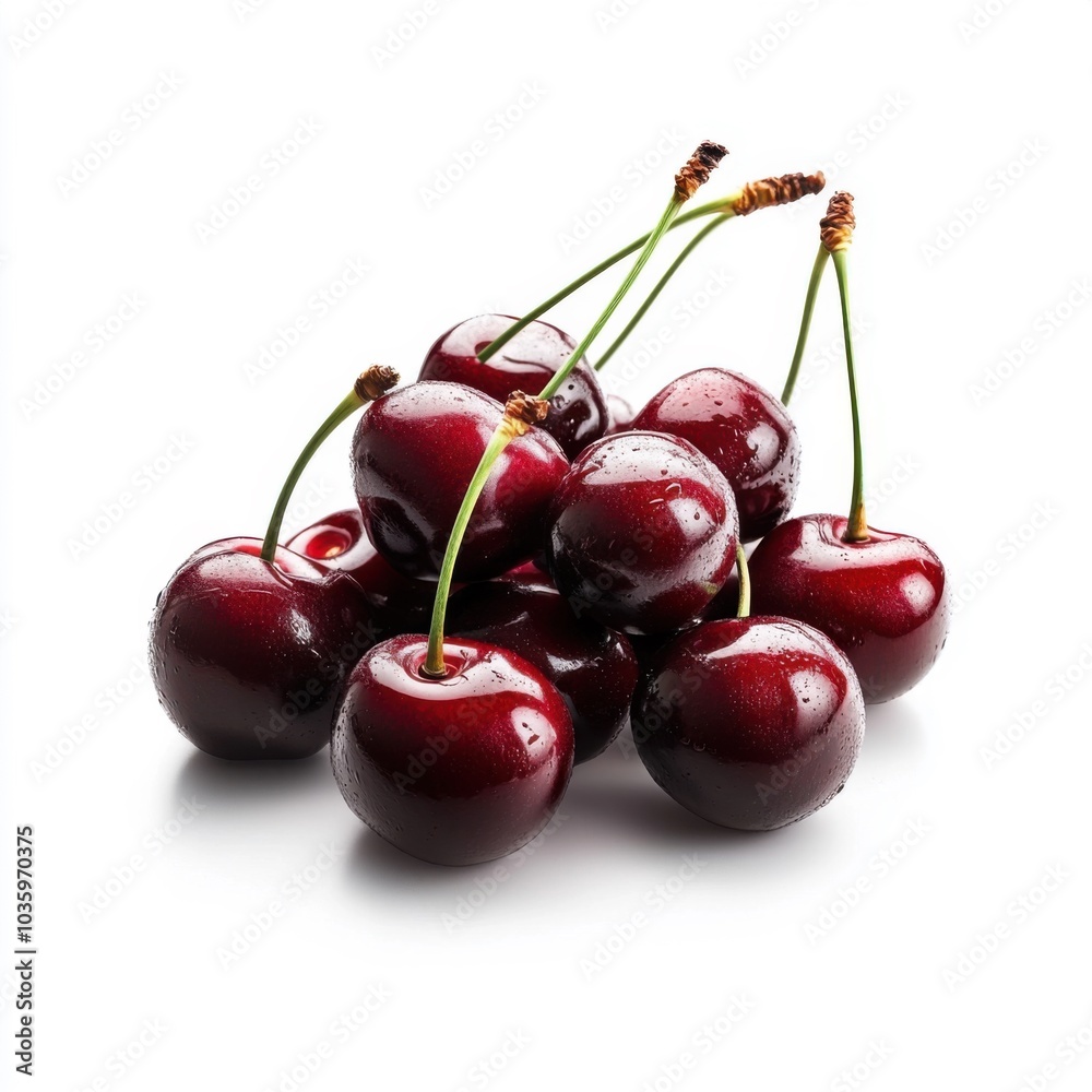 Fresh red cherries with water droplets on white background symbolizing summer freshness Fresh red cherries with water droplets on white background symbolizing summer freshness