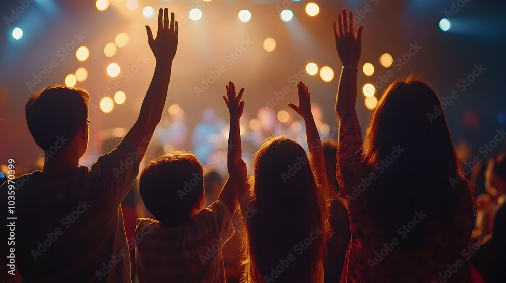 Christian family raised hands to praise God in church worship concert concept for religion, worship, prayer heaven after life Christian family raised hands to praise God in church worship concert concept for religion, worship, prayer heaven after life