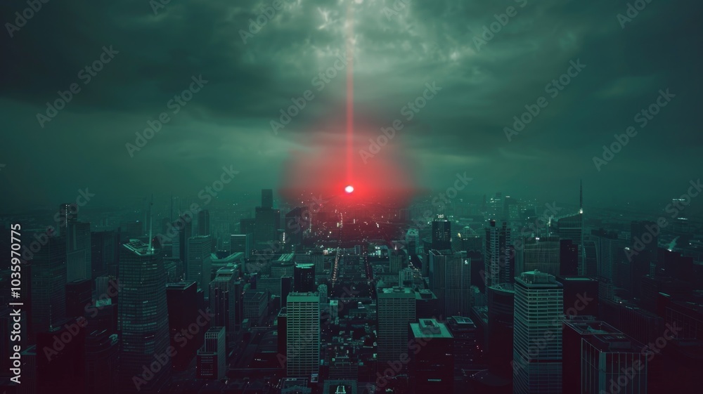 Mysterious red light over sprawling cityscape at dusk Mysterious red light over sprawling cityscape at dusk