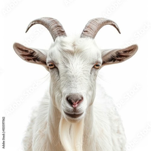 White goat with large horns is posing on a white background