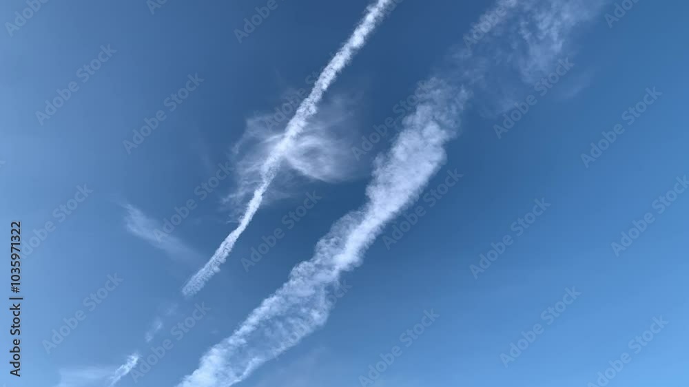 Landscape of plane tracks on a blue sky on a sunny day Landscape of plane tracks on a blue sky on a sunny day