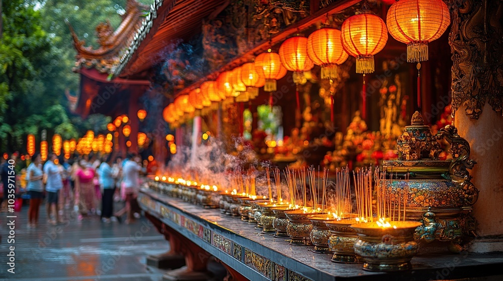 Fototapeta premium Temple scene with incense and lanterns.