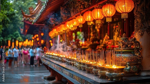 Temple scene with incense and lanterns.