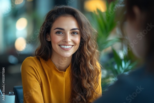 A young woman with long brown hair smiles at the camera while sitting at a table.