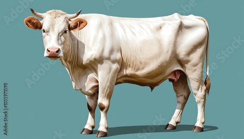 Real cow and white color body animal  real or illustration art image, background solid color, ganarated by ai image. photo