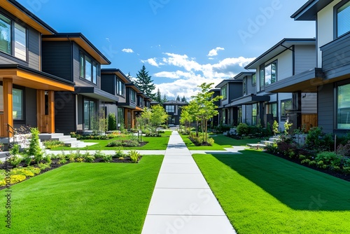 Residential neighborhood with modern houses and green lawns