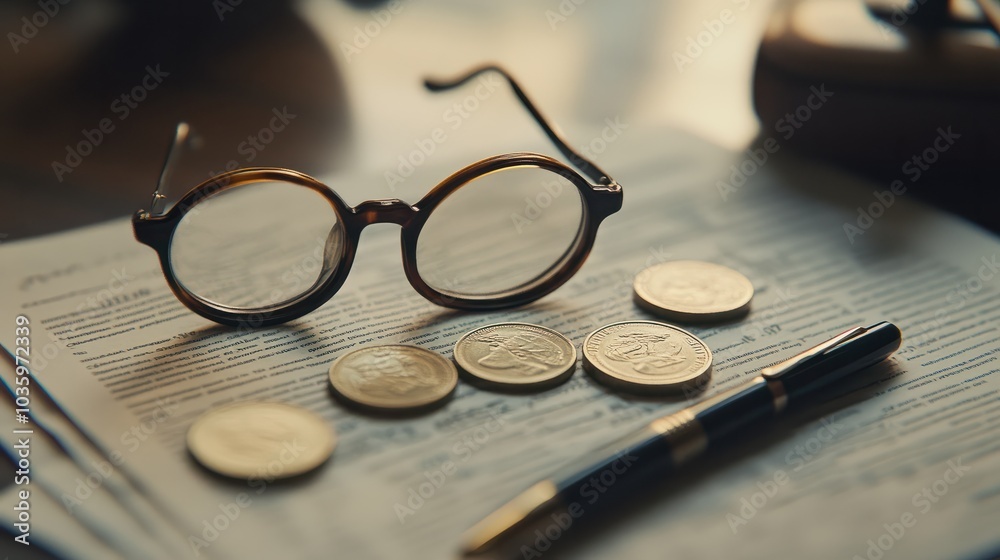 Glasses, coins, and pen on financial documents Glasses, coins, and pen on financial documents