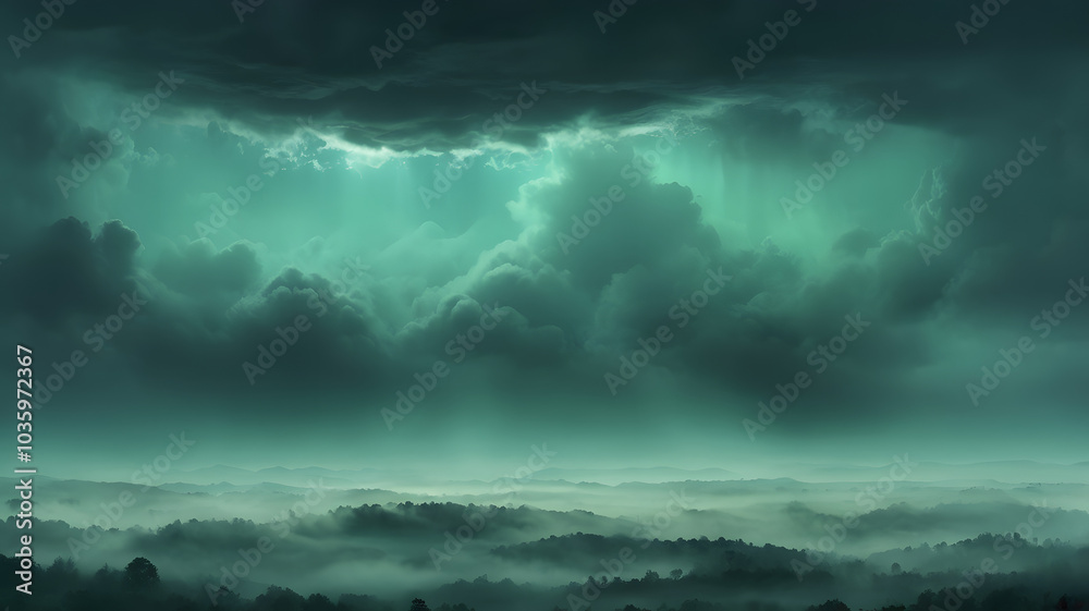 Moody Teal Storm: An ethereal landscape photograph of a stormy sky. Dark teal clouds dominate the scene, creating a dramatic and mysterious atmosphere over a misty forest. Moody Teal Storm: An ethereal landscape photograph of a stormy sky. Dark teal clouds dominate the scene, creating a dramatic and mysterious atmosphere over a misty forest.