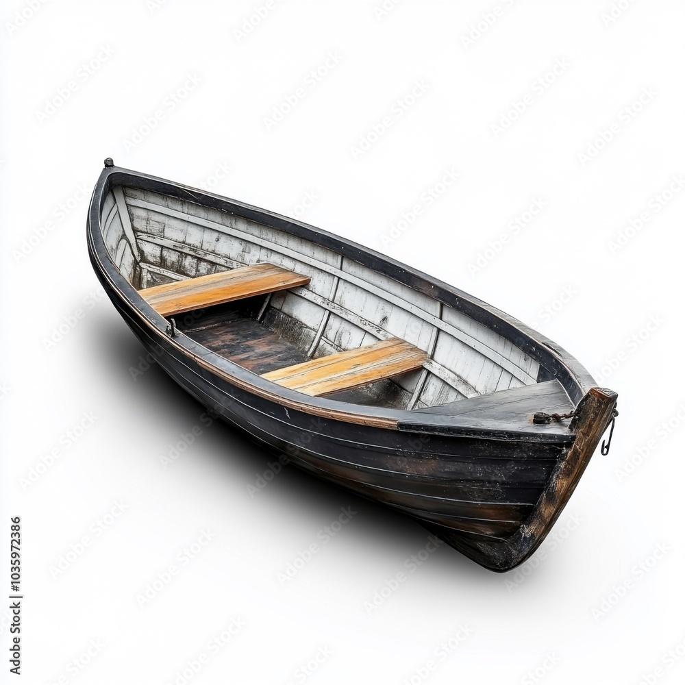 Empty rustic wooden rowboat isolated on white background Empty rustic wooden rowboat isolated on white background