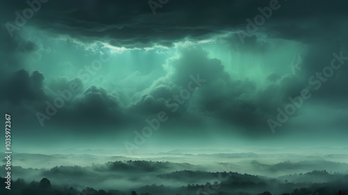 Moody Teal Storm: An ethereal landscape photograph of a stormy sky. Dark teal clouds dominate the scene, creating a dramatic and mysterious atmosphere over a misty forest.