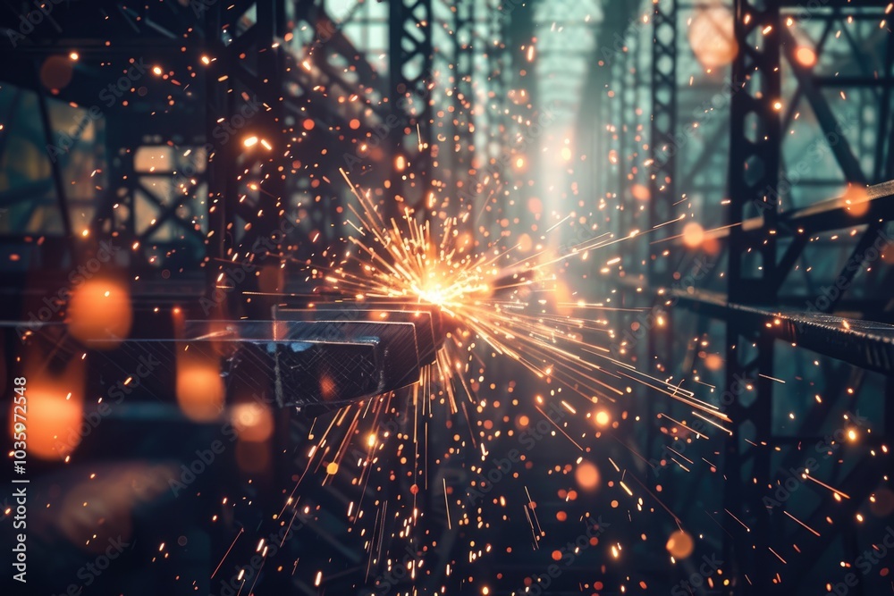 Fototapeta premium Welding steel structures and bright sparks in steel construction industry.
