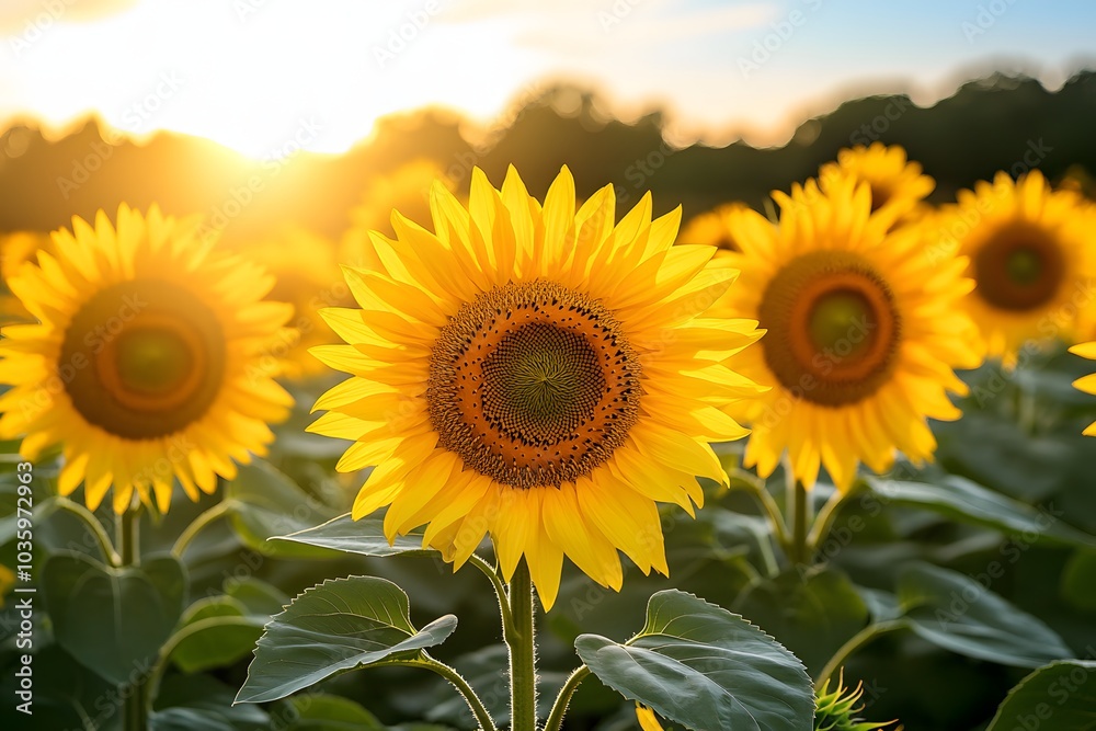Obraz premium Sunflowers in a golden field at sunset