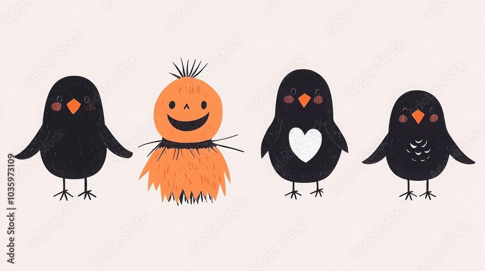 Fototapeta premium Crows and Scarecrow Illustration in Bright Colors