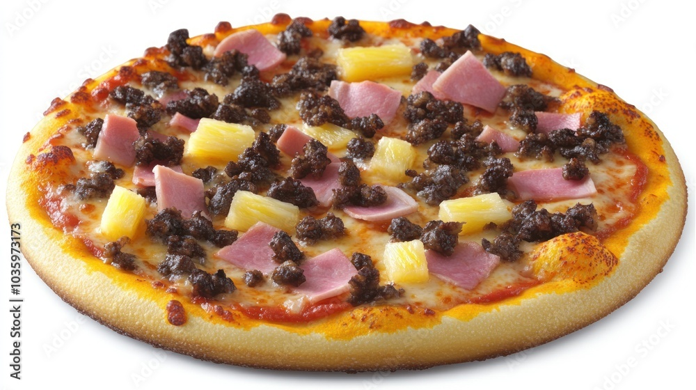 Savoring a hearty pizza with ham, pineapple, and ground beef, fresh from the oven Savoring a hearty pizza with ham, pineapple, and ground beef, fresh from the oven
