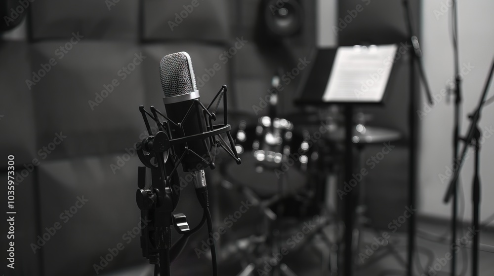 Naklejka premium Close-up of microphone on stand in soundproof recording studio, positioned in front of script stand, symbolizing voice acting and audio production.