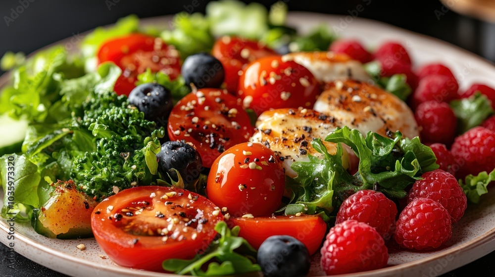 A colorful display of fresh vegetables and fruits arranged beautifully on a plate A colorful display of fresh vegetables and fruits arranged beautifully on a plate