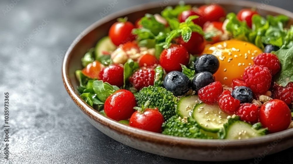 A vibrant mix of fresh vegetables and fruits creates a healthy salad with a sunny egg A vibrant mix of fresh vegetables and fruits creates a healthy salad with a sunny egg