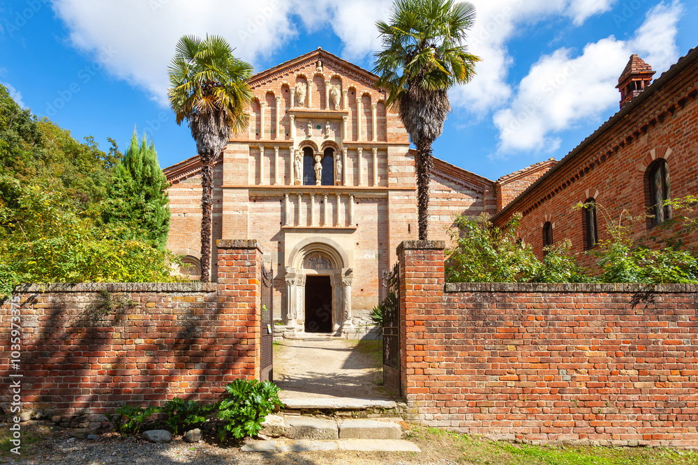 View of the facade of the Vezzolano Abbey. It is a church in Romanesque and Gothic style, among the most important medieval monuments of Piedmont, near the village of Albugnano (Asti Province). View of the facade of the Vezzolano Abbey. It is a church in Romanesque and Gothic style, among the most important medieval monuments of Piedmont, near the village of Albugnano (Asti Province).